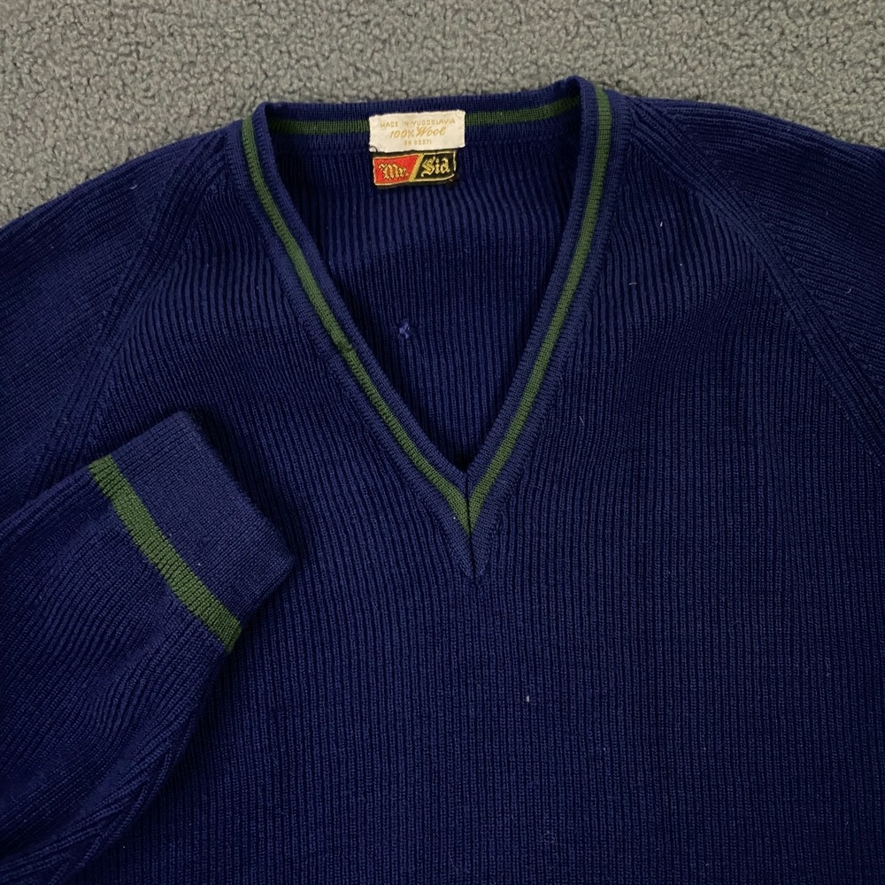 True Vintage 50s 60s Mr. Sid Sweater FITS Men Small Ribbed Knit Wool V-Neck Blue - Picture 1 of 16
